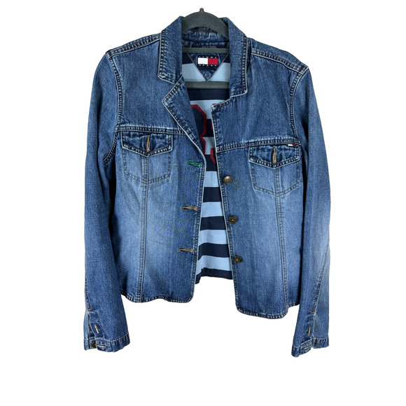Vintage Tommy Jeans Denim Jacket XL Tag Fits S/M – Y2K Varsity 85 Striped Lining - Picture 1 of 6